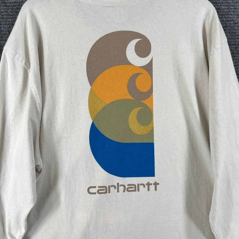 Carhartt Long Sleeve Pocket Shirt Mens XL Loose Fit Graphic Logo Cream Workwear